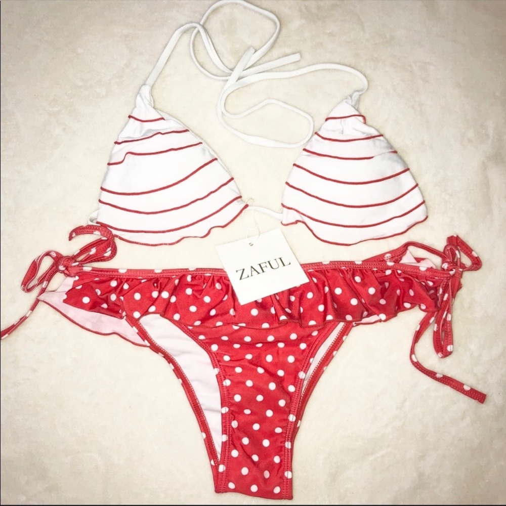 Zafil polka dot orange red/white bikini set Sz L - Picture 9 of 9